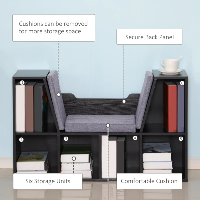 HOMCOM Bookcase Storage Shelf with Cushioned Reading Seat, Cube Bookshelf Organizer for Bedroom Living Room, Black