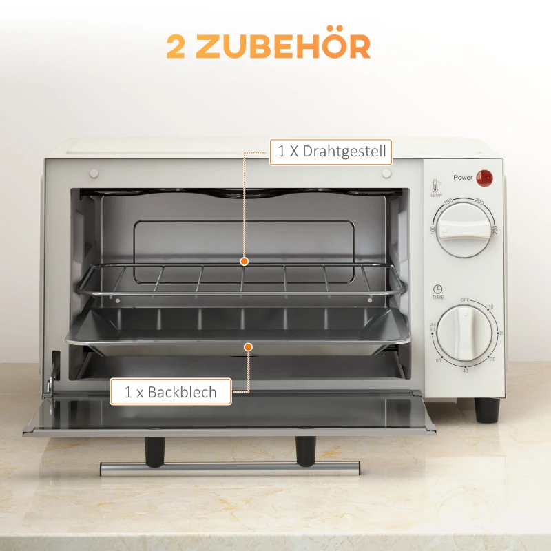 HOMCOM Minibackofen, 9 L Mini-Ofen mit Backblech, Grillrost, mit einstellbarer Temperatur und Garzeit, Edelstahl, Cremeweiß