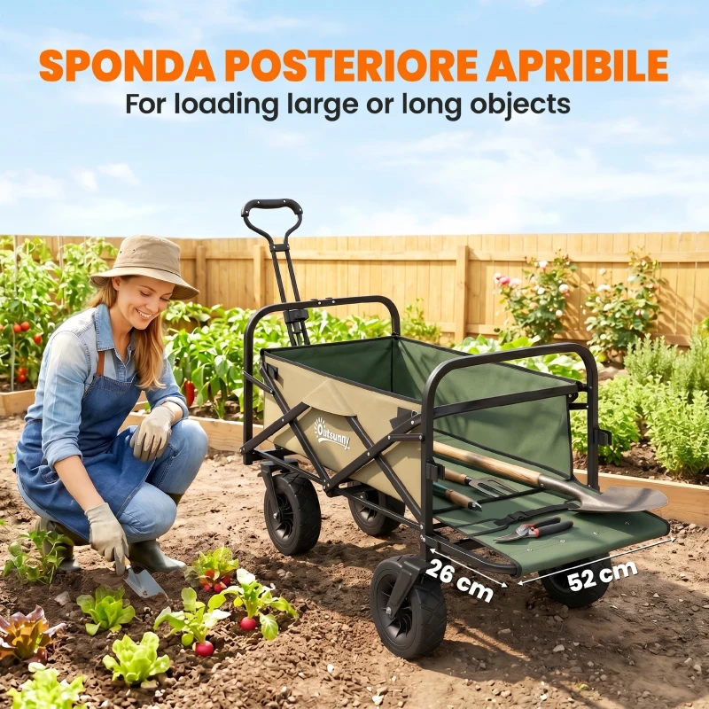 Outsunny Carrello da Giardino 110L con Maniglia Telescopica e Fondo Apribile in Acciaio e Tessuto Oxford, Cachi