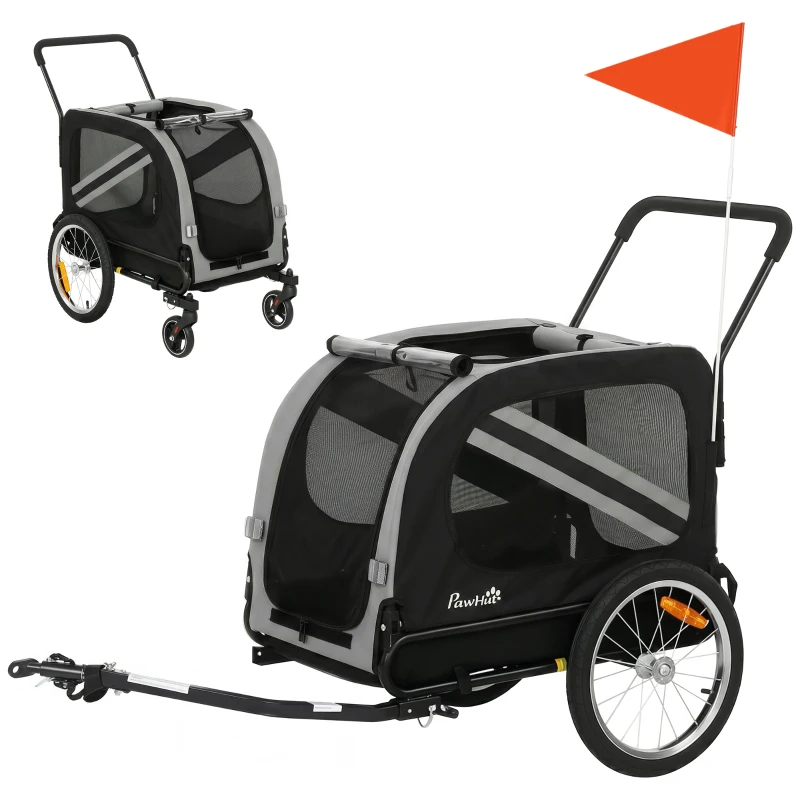 PawHut 2-In-1 Pet Bike Trailer Dog Stroller Pushchair with Universal Wheel Reflector Flag Grey