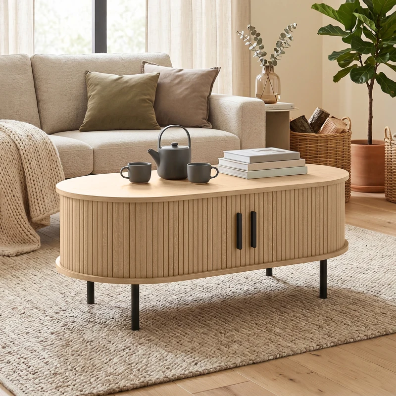 HOMCOM Măsuță de cafea ovală din lemn, masă de salon modernă cu uși glisante și depozitare ascunsă, 100x55x40cm, lemn natural