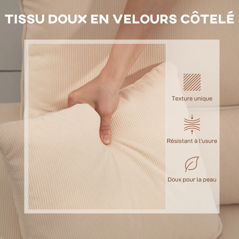HOMCOM Canapé d'angle convertible en velours côtelé, canapé-lit 3 places avec rangement caché, coussins, 205x135x76cm, beige(m-8)