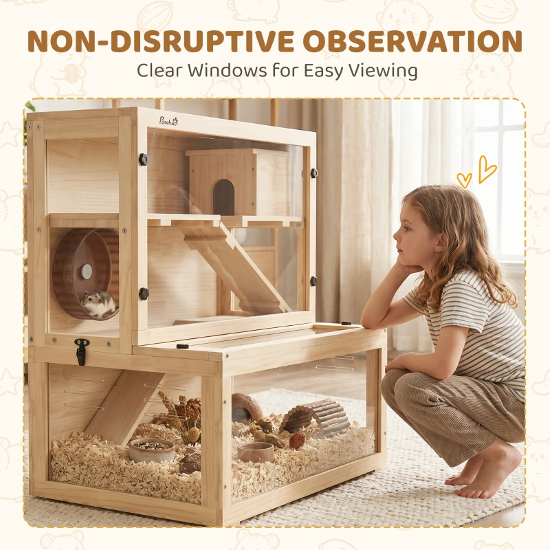 PawHut Wooden Hamster Cage with Hut, Wheel, Ramps, Removable Viewing Panels, 80 x 50 x 84 cm, Natural