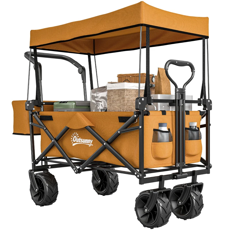 Outsunny 180L Festival Trolley on Wheels, Push & Pull Beach Cart with Removable Canopy, Wide All-Terrain Wheels, Folding Camping Trolley Cart, Adjustable Handle for Garden Fishing Shopping, Orange