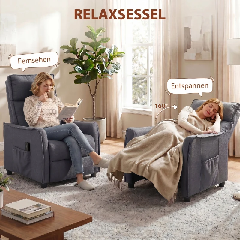 HOMCOM Relaxfauteuil met vibratiemassage, linnenlook, terugklapbaar met veerkernvulling, voetensteun, grijs