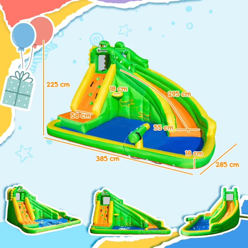 Outsunny Kids Bouncy Castle, 5 in 1 Large Crocodile Style Inflatable House Water Pool for Kids Age 3-8, Green