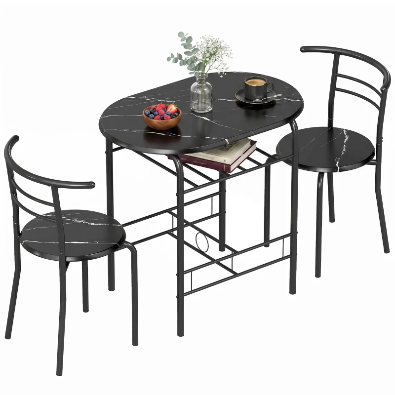 HOMCOM Set de luat masa 3 piese, masă de bucătărie și scaune pentru 2 persoane cu raft, living, aspect marmorat negru