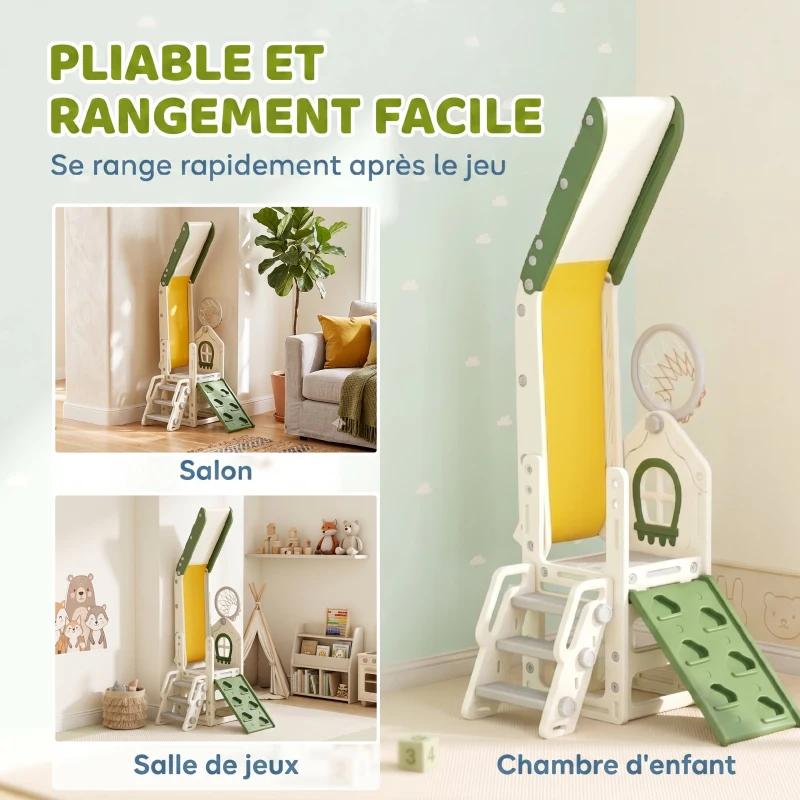 AIYAPLAY Toboggan pour Enfant Pliable 4-en-1 avec Escalade, Panier de Basket, Espace de Rangement et Ballon, Crème