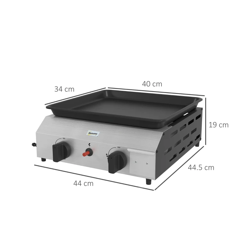 Outsunny Plancha a Gas 2 Bruciatori in Acciaio Inox Smaltato Antiaderente, 44x44.5x19 cm, Argento