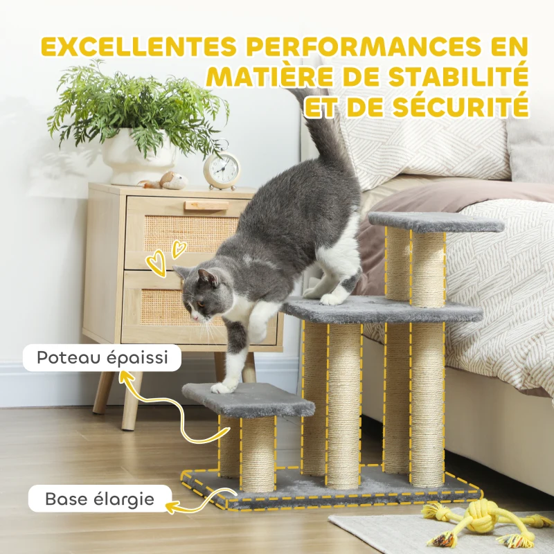 PawHut Escalier pour animaux domestiques réglable 3 marches échelle pour chat chien griffoirs en sisal balle 52x34,5x54cm gris