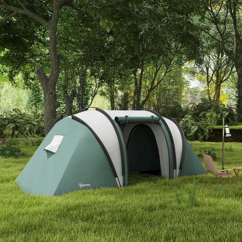 Outsunny Tenda da Campeggio con 2 Camere per 4-5 Persone, Impermeabile e Ventilata, 450x220x180 cm, Verde