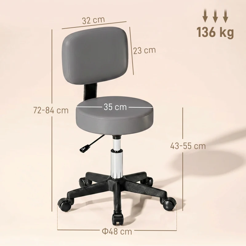 HOMCOM Taburet masaj cu roți, reglabil pe înălțime, pivotant, cu spătar ergonomic, gri