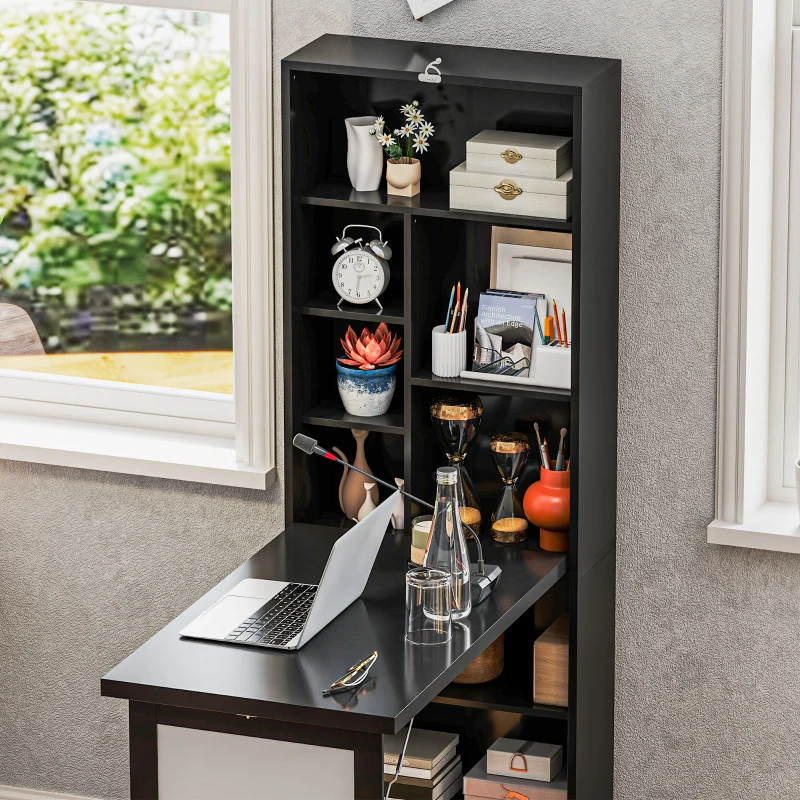 HOMCOM Escritorio Moderno Plegable con Estantería y Pizarra en Madera y Metal 98x51x153 cm Negro