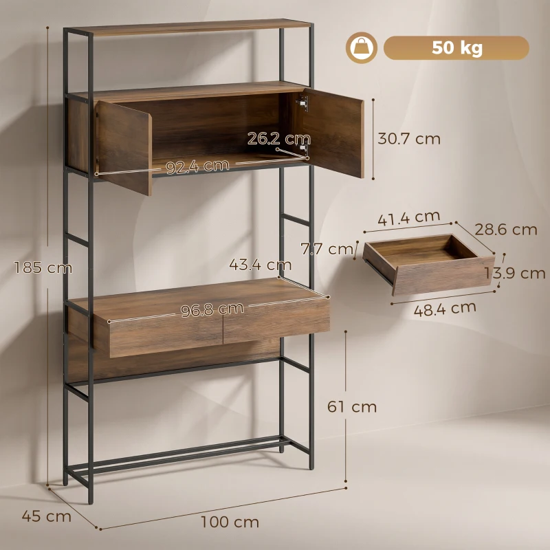 HOMCOM Birou pentru computer cu etajere și 2 sertare pentru home office, 185 cm înălțime, aspect lemn maro