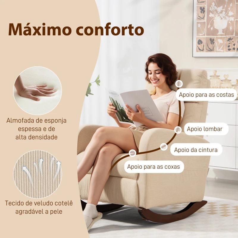 HOMCOM Cadeira de Baloiço de Veludo com Encosto Alto Pés de Madeira Bolsos Apoios de Braços Estilo Moderno  67x94x105 cm Bege
