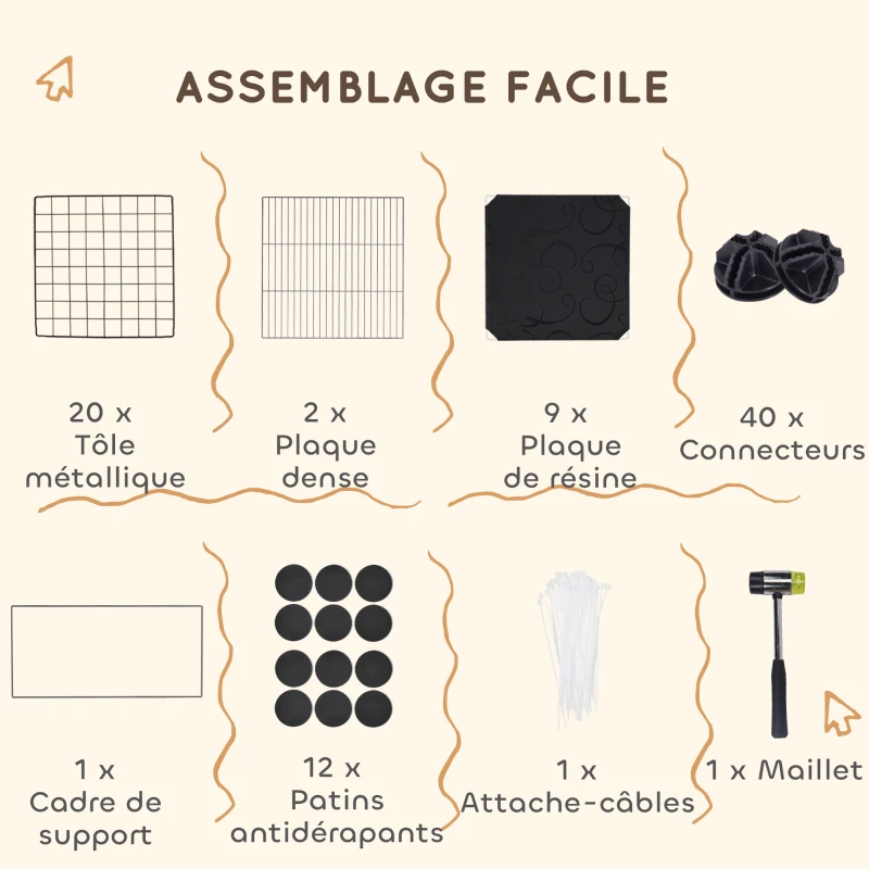 PawHut Enclos pour petits animaux, cage à lapin modulable 31 panneaux avec niches surélevées, en acier, 140x70x52cm, noir