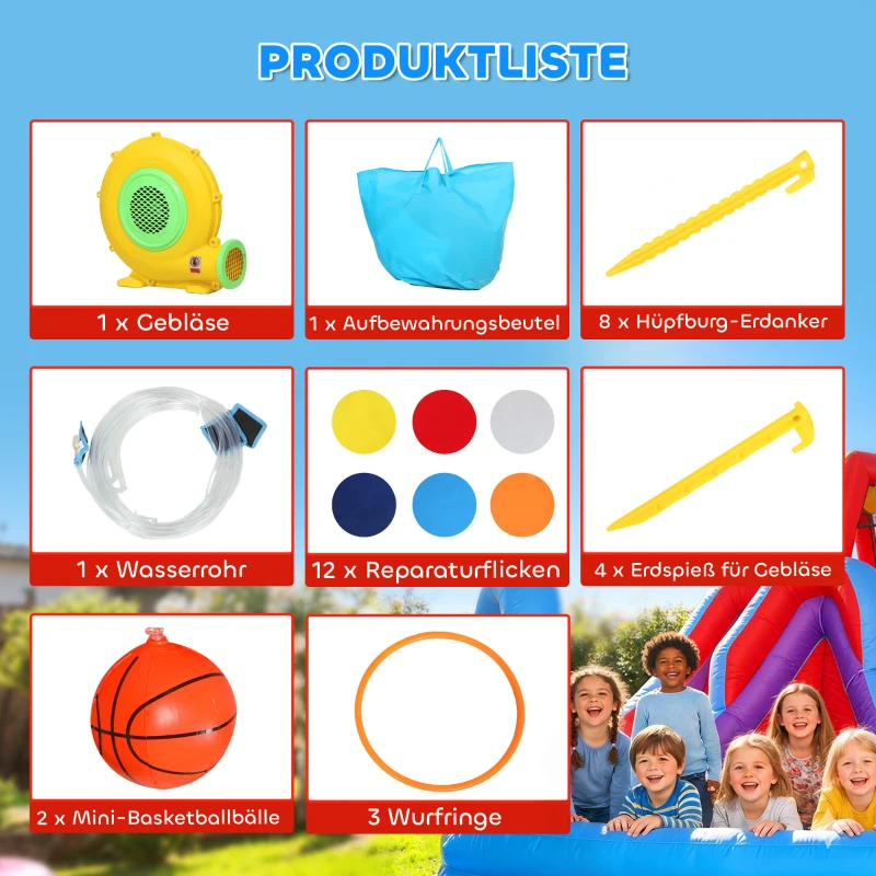 AIYAPLAY 8-in-1 Hüpfburg mit Gebläse Rutsche Planschbecken Trampolin Kletterwand für Indoor Outdoor 350x325x210cm Mehrfarbig