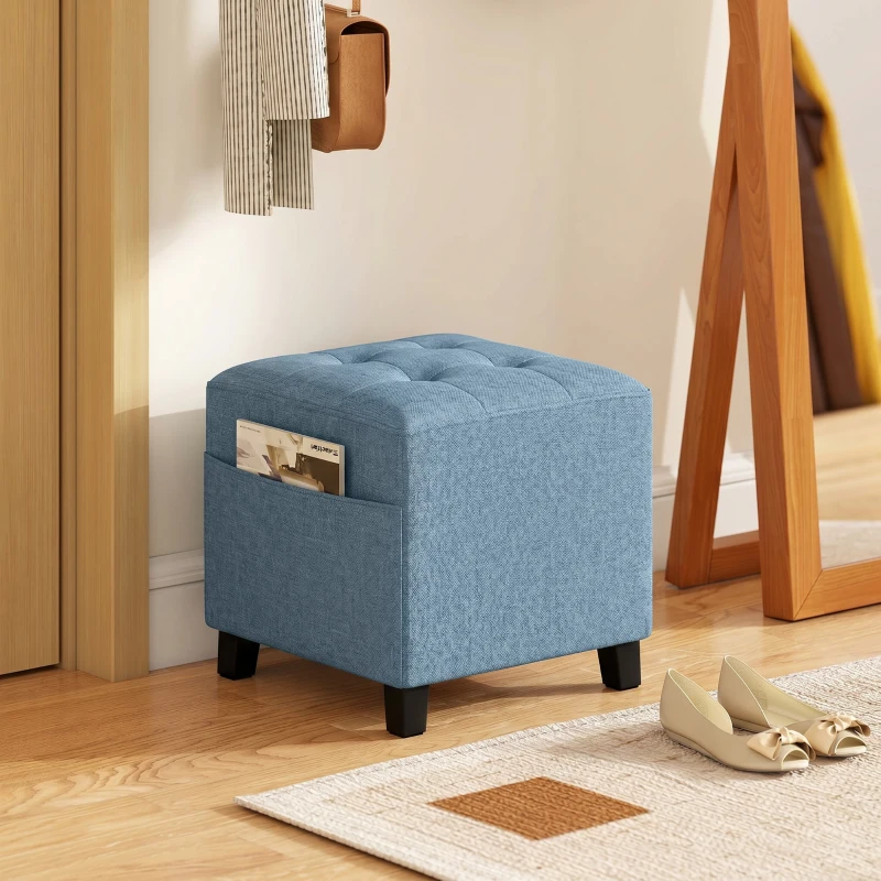 HOMCOM Small Ottoman, Square Footstool with Side Pocket, Rubber Wood Legs and Padded Seat for Living Room, Dark Blue