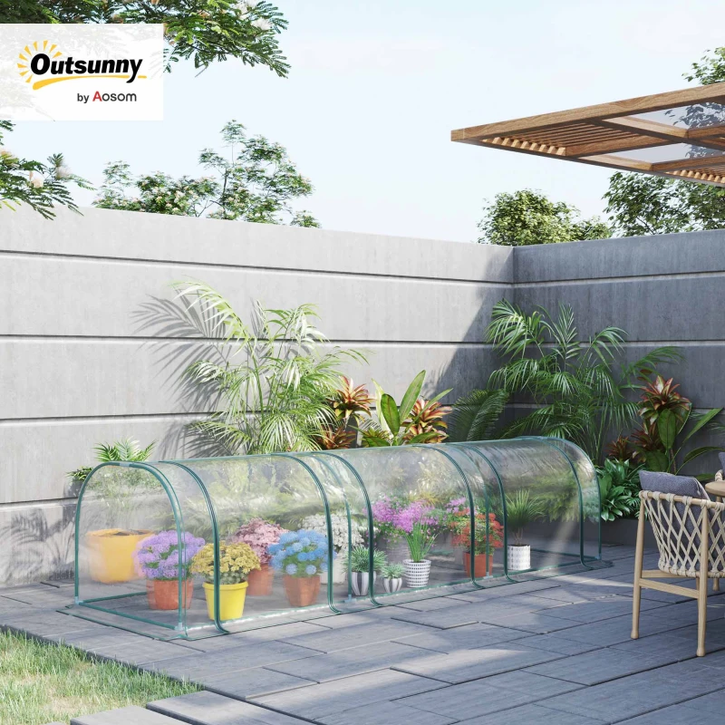 Outsunny PVC Tunnel Greenhouse - Plant Grow House with Steel Frame for Garden Backyard, Zipper Doors, 350Lx100Wx80H cm, Transparent