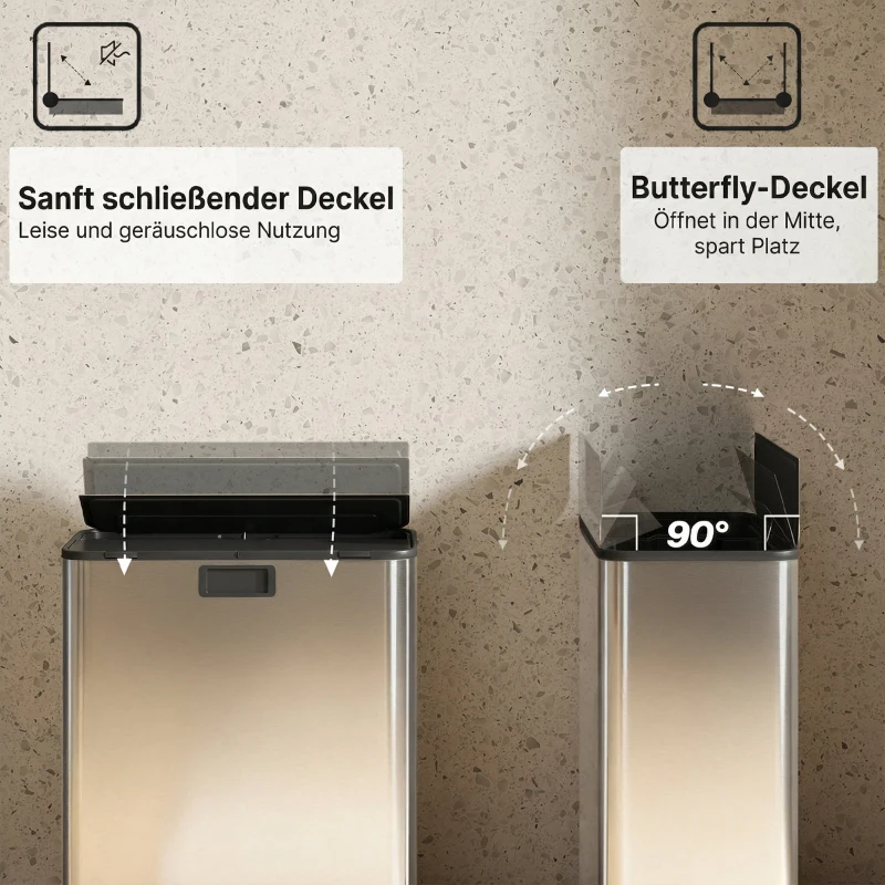 HOMCOM Küchenmülleimer 2 x 28L Edelstahl-Tretmülleimer mit Soft-Close-Deckel, herausnehmbaren Inneneimern