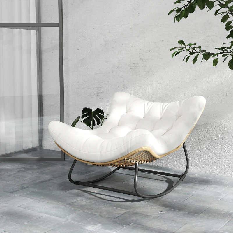 Outsunny Poltrona a Dondolo da Giardino con Cuscino Imbottito, Sedia a forma d'uovo in resina intrecciata, 98x111x74 cm, Crema