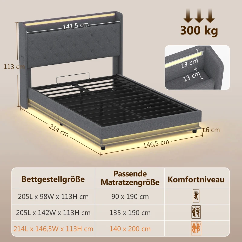 HOMCOM Bettgestell 140 x 200 cm mit Kopf- und Fußteil, Plattformbett mit hydraulischem Stauraum, LED-Lichtern
