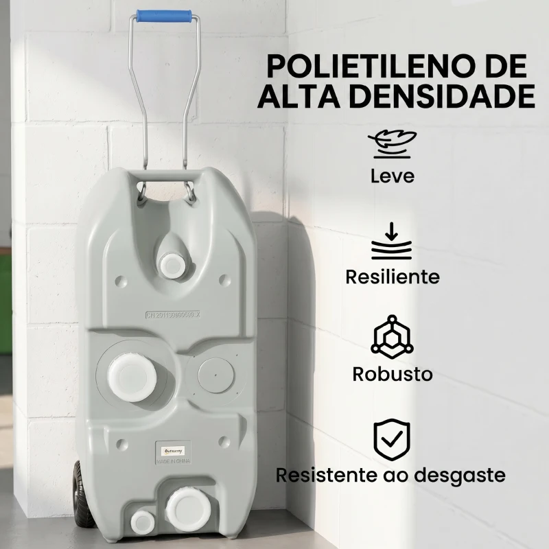 Outsunny Depósito de Água 40 L com Rodas Portátil com Pega Metálica e Torneira para Caravanas Autocaravanas Campismo ao Ar Livre 37x23x80 cm Cinzento