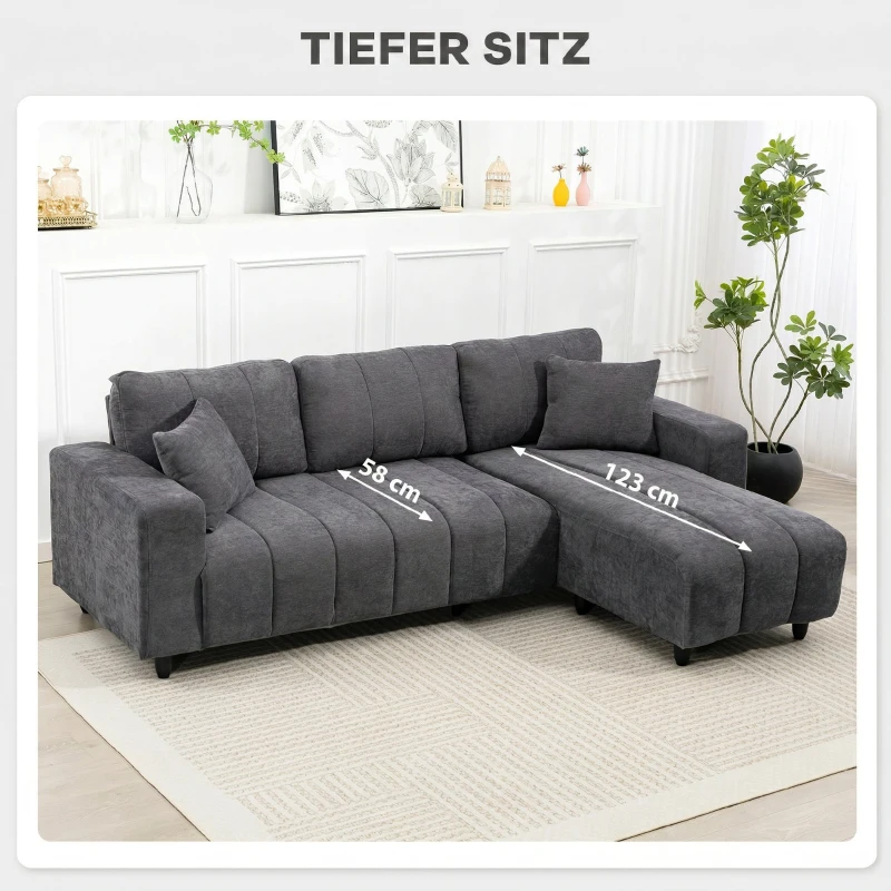 HOMCOM Sofá Chaise Longue Reversible de 3 Plazas 2 Almohadas Tapizado en Lino Marco de Acero 242x156x87 cm Gris Oscuro