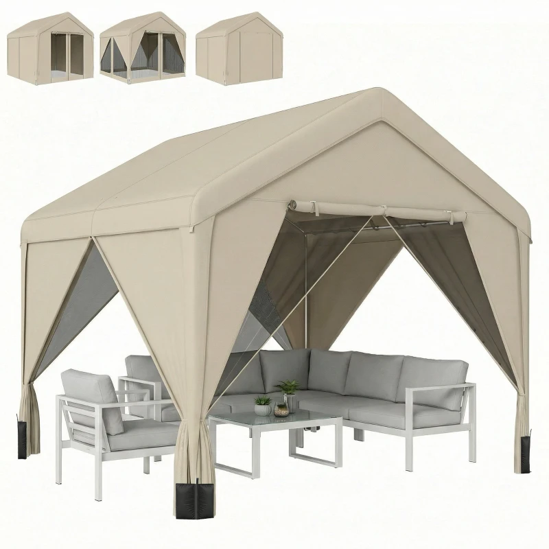 Outsunny 3 x 3 m Patio Gazebo with Netting & Curtains, Outdoor Canopy Shelter with Galvanised Steel Frame, Khaki