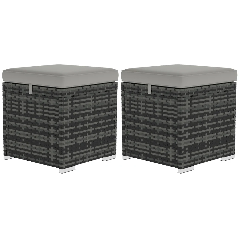 Outsunny Set da 2 Sgabelli da Giardino con Cuscino e Poggiapiedi, Spazio di stoccaggio in rattan PE, 40x40x41 cm, Grigio Chiaro