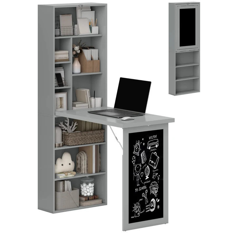 HOMCOM Folding Convertible Desk with Blackboard Multi-function Computer Office Workstation Side Shelf for Home Office, Grey