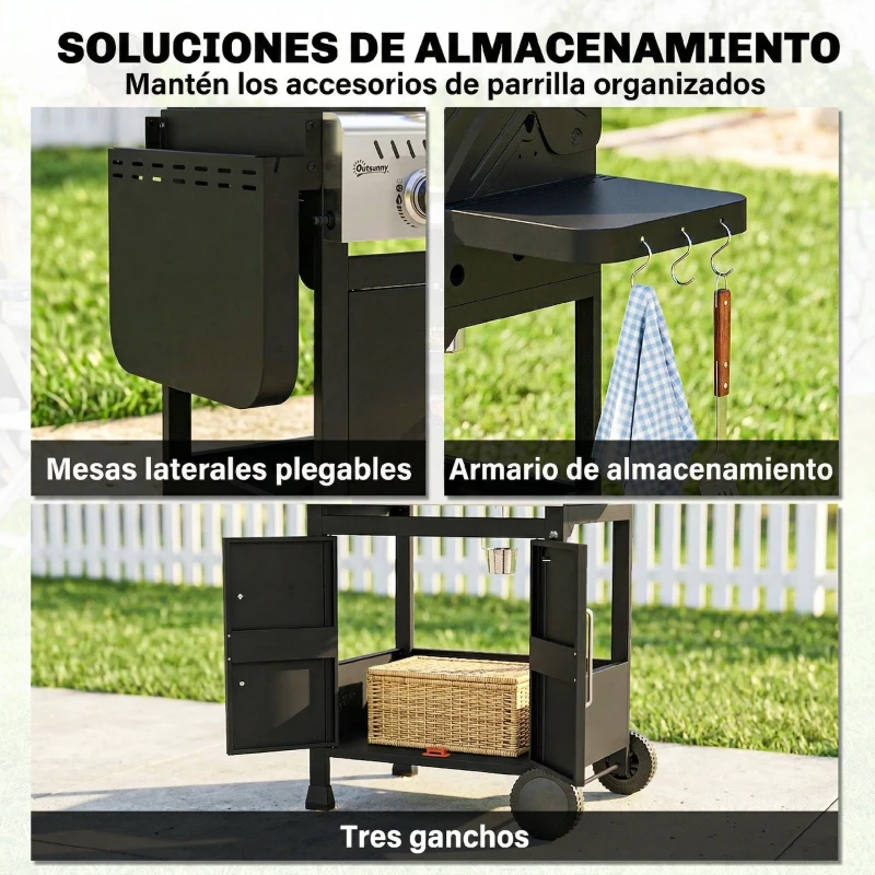 Outsunny Barbacoa de Gas con 3 Quemadores 7,5 kW Termómetro Parrilla Plancha Mesas Laterales Armario Ruedas 125x57x110 cm Negro
