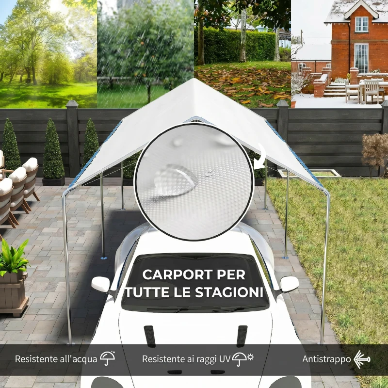 Outsunny Tendone per Auto in Acciaio Zincato con Kit di Ancoraggio, 5.95x2.94x2.6m - Bianco