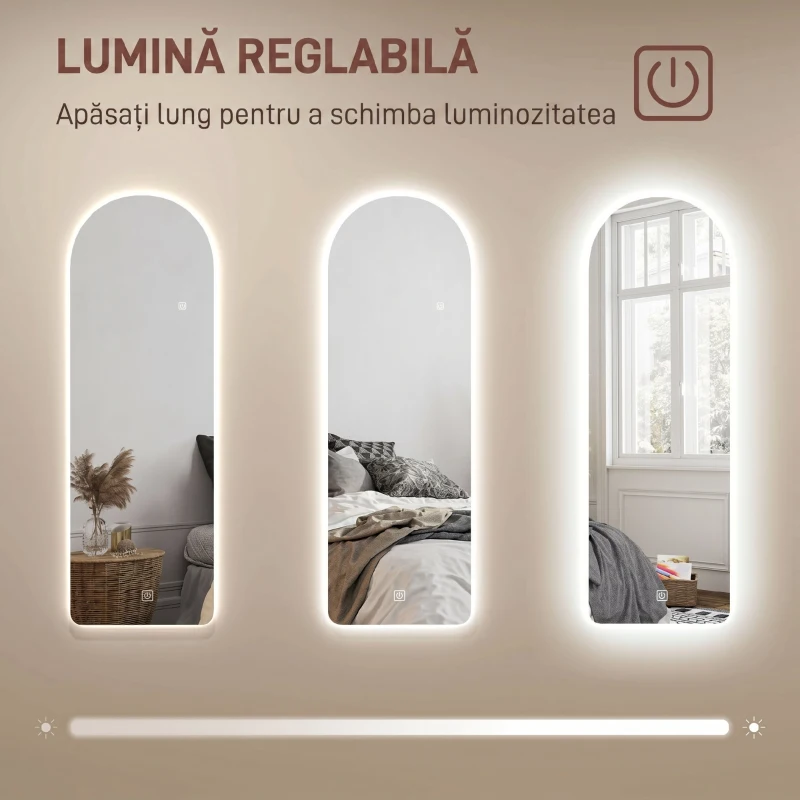 HOMCOM Oglindă de Perete Arcuită cu Iluminare LED Reglabilă și Control Touch, din Sticlă Temperată, 40x3x120 cm