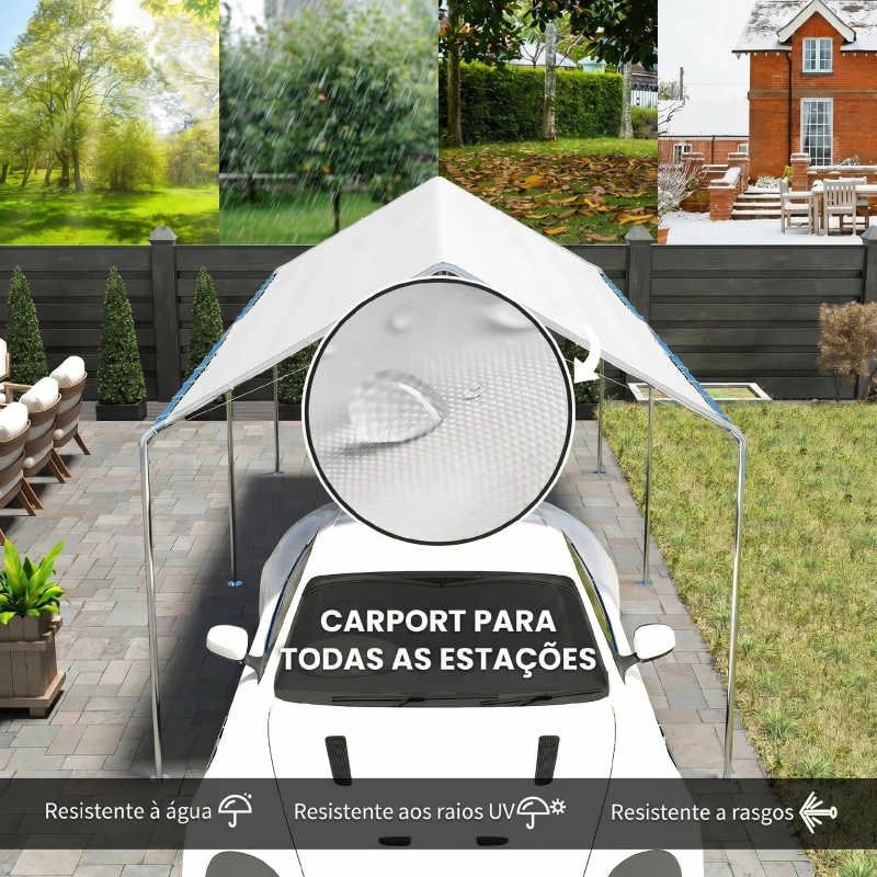 Outsunny Tenda de garagem 3x6 m Impermeável com Toldo de Tecido PE e Estrutura de Aço Galvanizado Branco