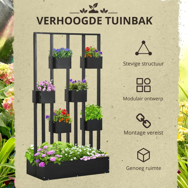 Outsunny bloembak, verhoogd bed, plantenbak met latwerk muur groentebed hout(m-4)