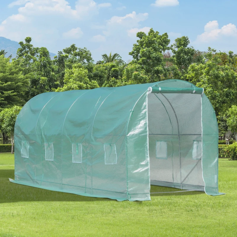 Outsunny Estufa tipo Túnel 500x200x205 cm Estufa de Jardim com Porta Enrolável e 8 Janelas Cobertura de PE 140 g/m² Verde