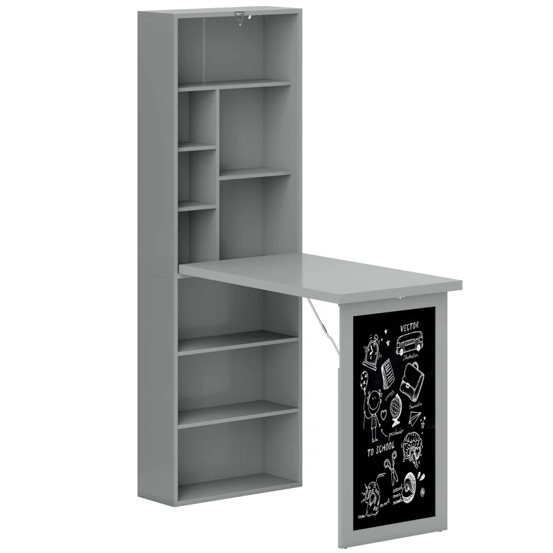 HOMCOM Bureau avec rangement pliable murale rabattable avec bibliothèque poste de travail tableau à craie et étagère réglable(m-12)