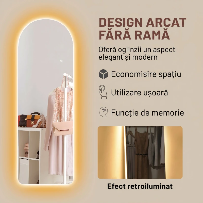 HOMCOM Oglindă de Perete Arcuită cu Iluminare LED Reglabilă și Control Touch, din Sticlă Temperată, 40x3x120 cm