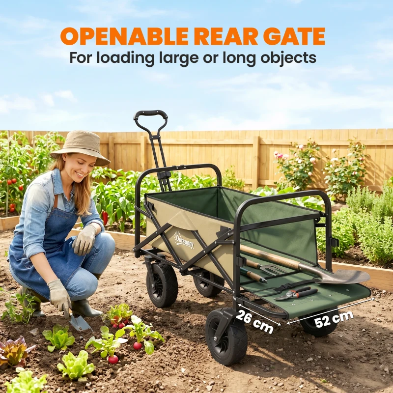 Outsunny Opvouwbare Bolderkar, 110 L, tot 100 kg, Telescopische handgreep, Stalen frame, 94 x 57 x 77-100 cm, Khaki