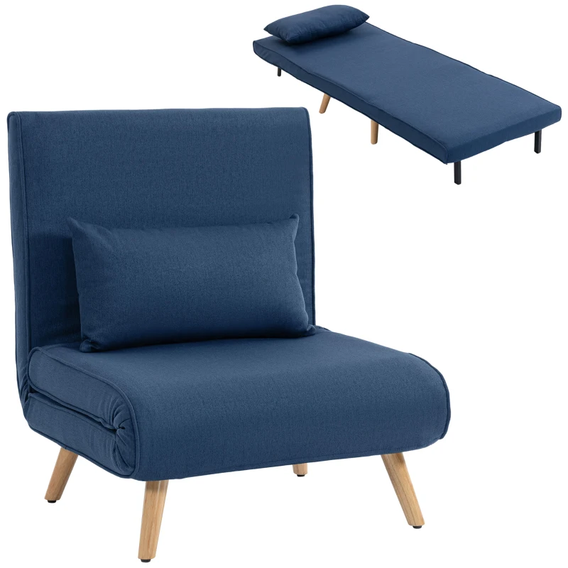HOMCOM Sofá Cama Individual Plegable con Respaldo Ajustable 5 Posiciones Sillón Cama Tapizado con Cojín 72x75x85 cm Azul