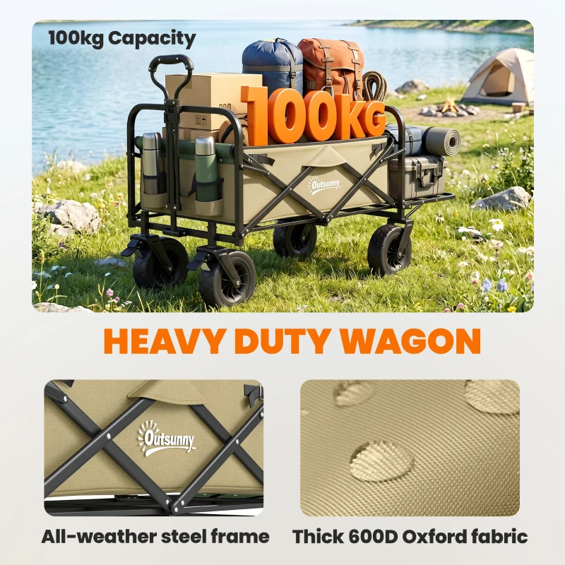 Outsunny Opvouwbare Bolderkar, 110 L, tot 100 kg, Telescopische handgreep, Stalen frame, 94 x 57 x 77-100 cm, Khaki
