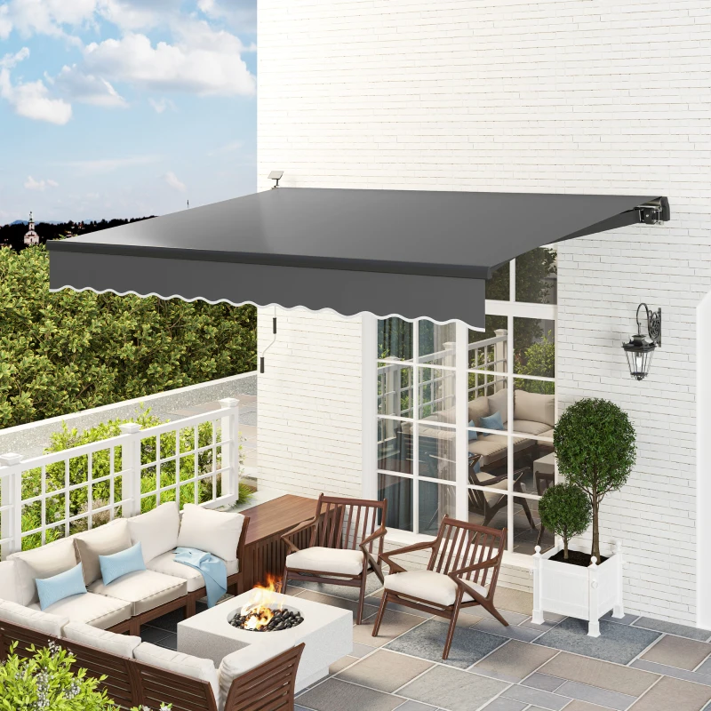 Outsunny Uitschuifbare Luifel met Handkruk en Zonne-energie LED-licht UV 50+ 400 cm breed Grijs