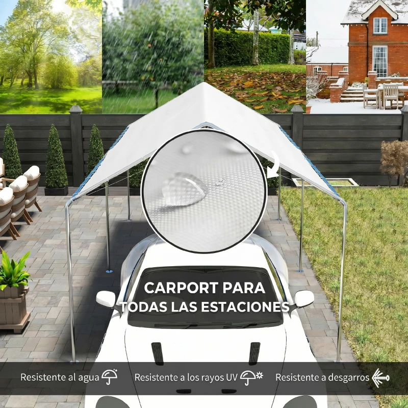 Outsunny Carpa Garaje para Coche 3x6 m Cochera Portátil Impermeable con Toldo de Tela PE y Marco de Acero Galvanizado Blanco