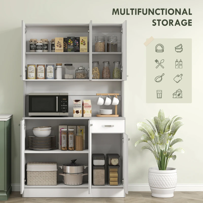 Kitchen Cupboard, Freestanding Kitchen Storage Cabinet with 6 Doors, Drawer, White