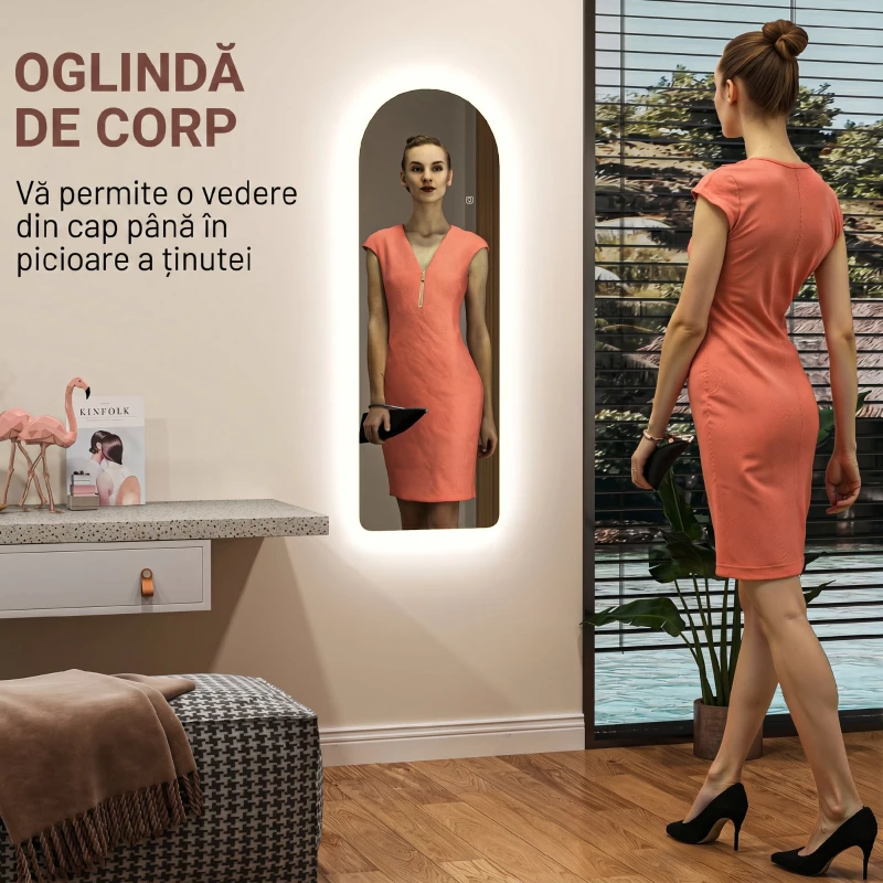 HOMCOM Oglindă de Perete Arcuită cu Iluminare LED Reglabilă și Control Touch, din Sticlă Temperată, 40x3x120 cm
