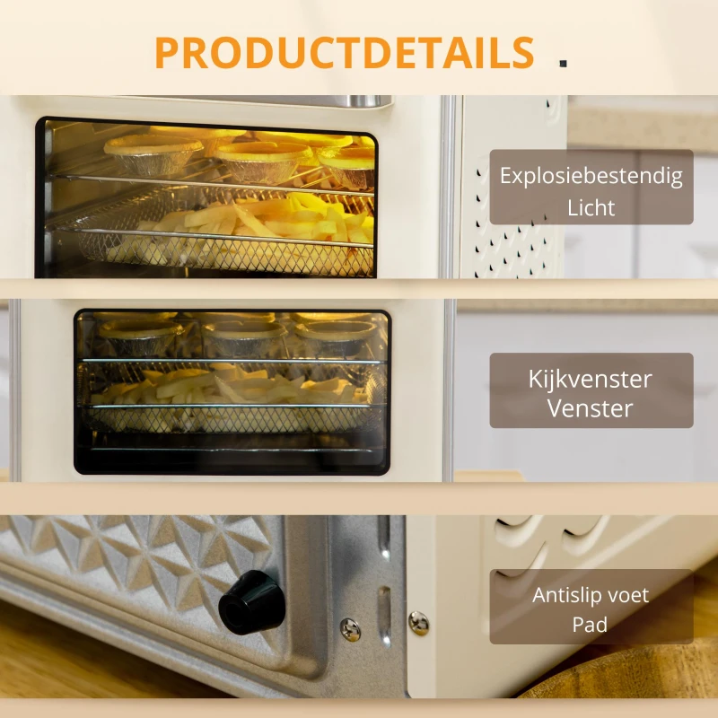HOMCOM mini-oven 20L, 5 in 1 pizzaoven inclusief bakplaatset, frituurmand, kruimelbak, 1 uur Timer, 90-230 ℃, elektrische mini-oven van 1400 W met convectie, crèmewit