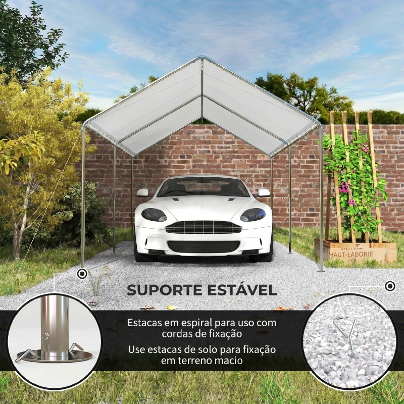 Outsunny Tenda de garagem 3x6 m Impermeável com Toldo de Tecido PE e Estrutura de Aço Galvanizado Branco