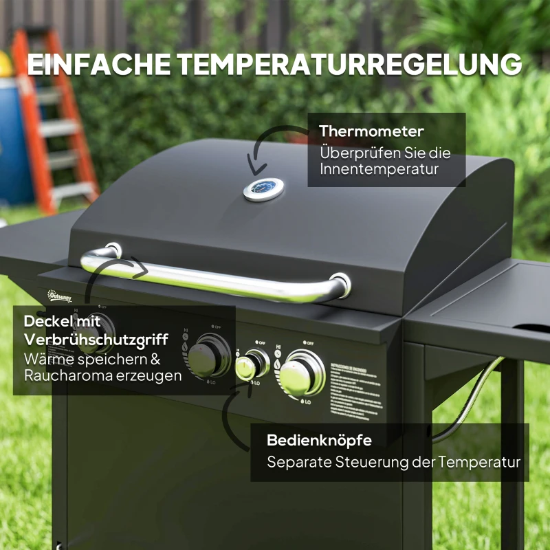 Outsunny Gasbarbecue 9,5 KW Grillwagen met 4 Branders, Zijbrander 123 x 57 x 98 cm Zwart