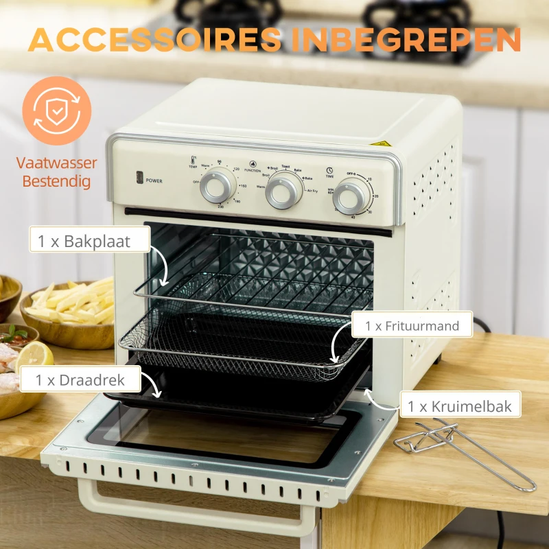 HOMCOM mini-oven 20L, 5 in 1 pizzaoven inclusief bakplaatset, frituurmand, kruimelbak, 1 uur Timer, 90-230 ℃, elektrische mini-oven van 1400 W met convectie, crèmewit